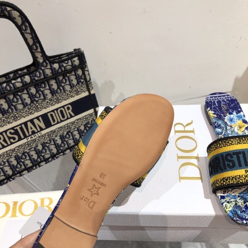 Dior Women Shoes DWAY HEELED SLIDE Embroidered Cotton Luxury Brand Womens Sandals Slippers with Original Box KCQ244ERC_S56B