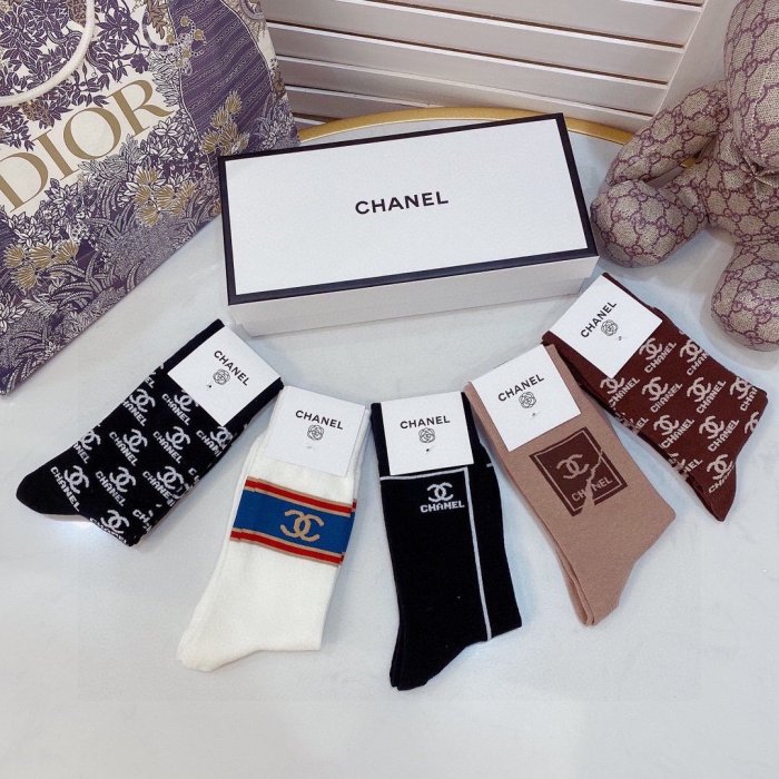 Chanel Socks 5 Pairs with Original Box Luxury Brand Breathable Chanel Sock