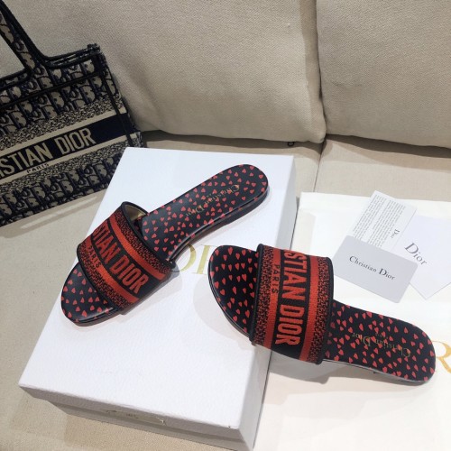 Dior Women Shoes DWAY HEELED SLIDE Embroidered Cotton Luxury Brand Womens Sandals Slippers with Original Box KCQ244ERC_S56B