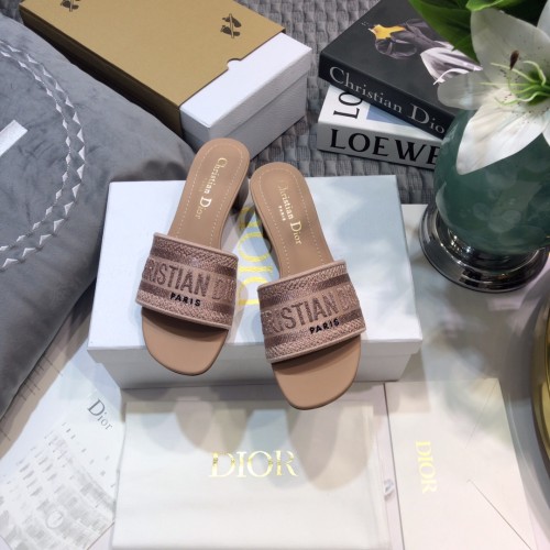 Dior Women Shoes DWAY HEELED SLIDE Embroidered Cotton Luxury Brand Womens Sandals Slippers with Original Box KCQ244ERC_S56B