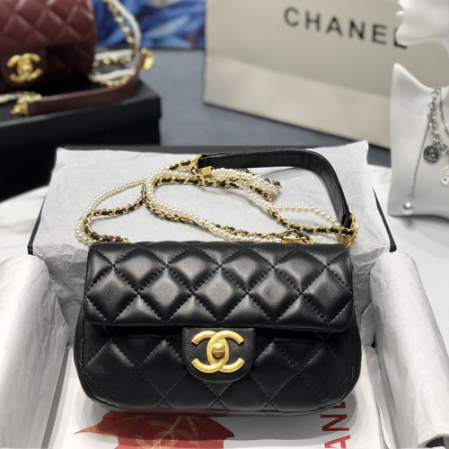 Chanel Womens Bags Flap Bag Calfskin, Crystal Pearls & Gold-Tone Metal Black