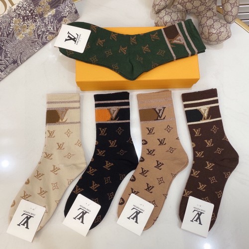 Louis Vuitton Socks 5 Pairs with Original Box Luxury Brand Breathable LV Sock