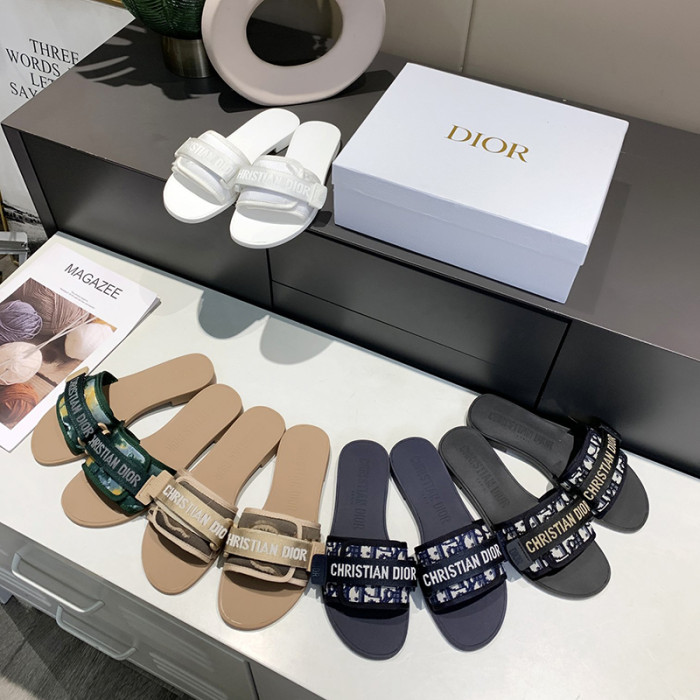 Dior Womens Shoes Sandals Slippers Slide Luxury Brand DIO(R)EVOLUTION SLIDE Shiny Technical Fabric with Dior Oblique Print with Original Box