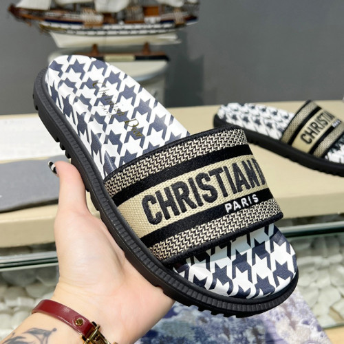 Dior Women Shoes Slippers DWAY SLIDE Luxury Brand DWAY SLIDE Cotton Embroidery with Micro Houndstooth with Original Box KCQ550PPE_S19O