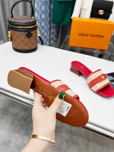 Louis Vuitton Womens Shoes Slide Slippers Luxury Brand Designer LOCK IT MULE 1AA17M Raffia and calf leather with Original Box 3.5cm Heel