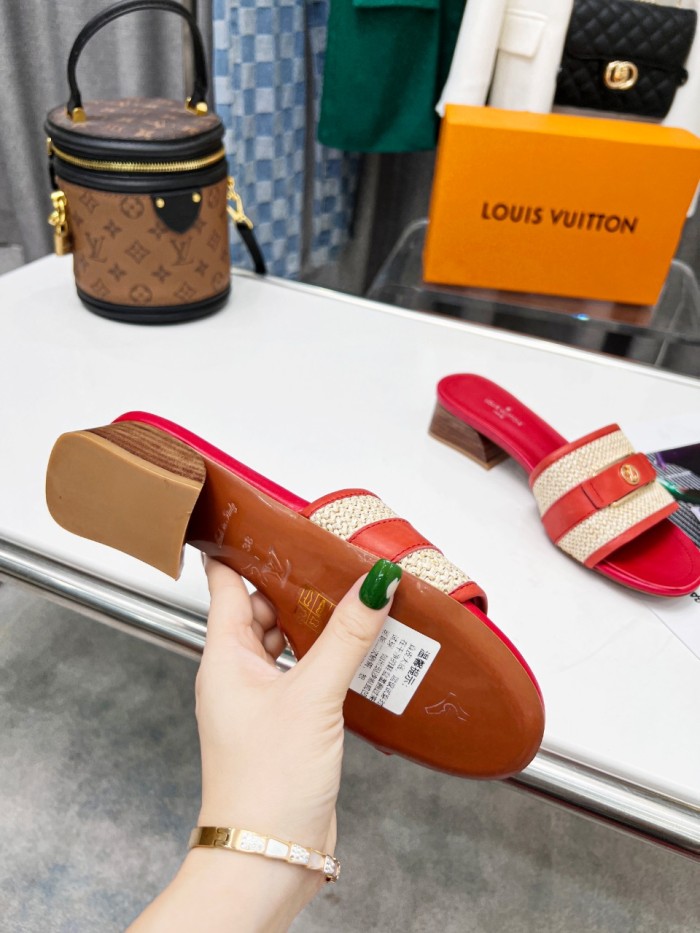 Louis Vuitton Womens Shoes Slide Slippers Luxury Brand Designer LOCK IT MULE 1AA17M Raffia and calf leather with Original Box 3.5cm Heel