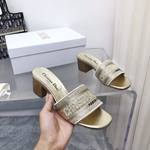 Dior Women Shoes DWAY HEELED SLIDE Embroidered Cotton Luxury Brand Womens Sandals Slippers with Original Box KCQ244ERC_S56B