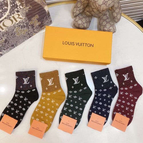 Louis Vuitton Socks 5 Pairs with Original Box Luxury Brand Breathable LV Sock