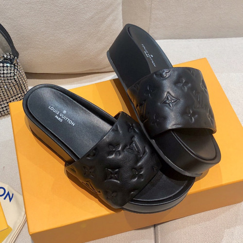 Louis Vuitton Womens Shoes Sandals Slippers Luxury Brand Louis Vuitton JUMBO FLATFORM MULE with Original Box 1A9QYY Black Monogram-embossed lambskin