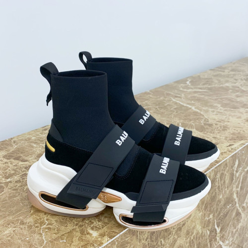 Balmain Women Shoes Sneakers Luxury Brand Black and white high-top suede and knit BBold sneakers with strap TN0C500TKSEEAB