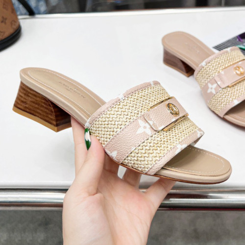 Louis Vuitton Womens Shoes Slide Slippers Luxury Brand Designer LOCK IT MULE 1AA17M Raffia and calf leather with Original Box 3.5cm Heel