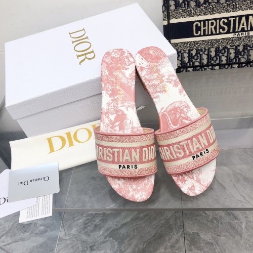 Dior Women Shoes DWAY HEELED SLIDE Embroidered Cotton Luxury Brand Womens Sandals Slippers with Original Box KCQ244ERC_S56B