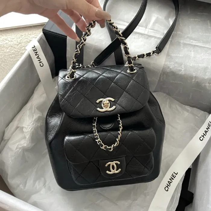 Chanel Womens Bags Drawstring Backpacks Shopping Bag Shiny Lambskin & Gold-Tone Metal with Original Box