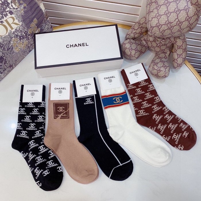 Chanel Socks 5 Pairs with Original Box Luxury Brand Breathable Chanel Sock