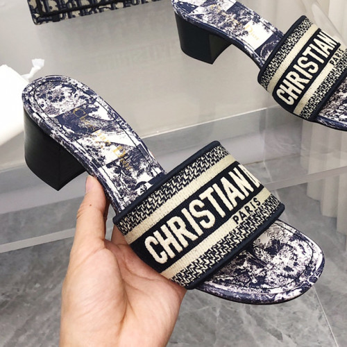 Dior Women Shoes DWAY HEELED SLIDE Embroidered Cotton Luxury Brand Womens Sandals Slippers with Original Box KCQ244ERC_S56B