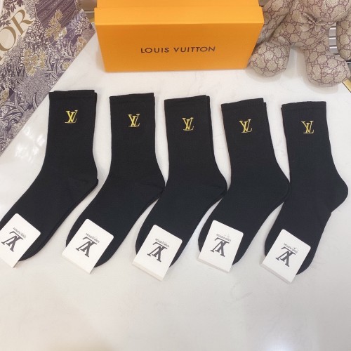 Louis Vuitton Socks 5 Pairs with Original Box Luxury Brand Breathable LV Sock