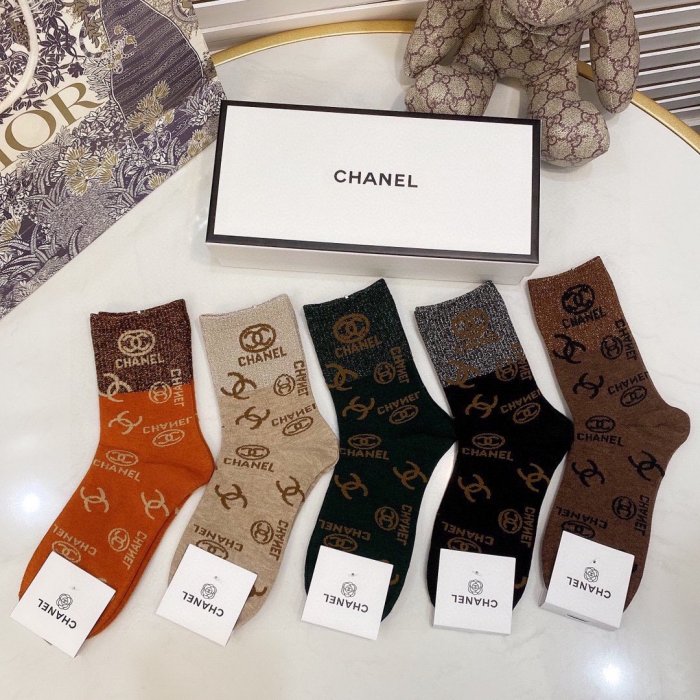 Chanel Socks 5 Pairs with Original Box Luxury Brand Breathable Chanel Sock