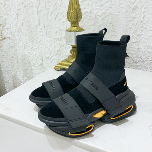 Balmain Women Shoes Sneakers Luxury Brand Black high-top suede and knit BBold sneakers with strap TN0C499TKSE0PA