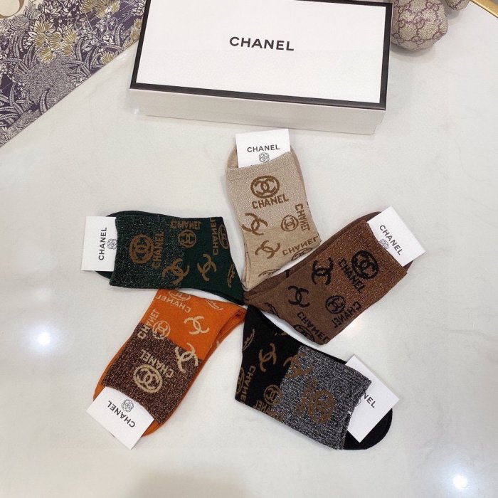 Chanel Socks 5 Pairs with Original Box Luxury Brand Breathable Chanel Sock