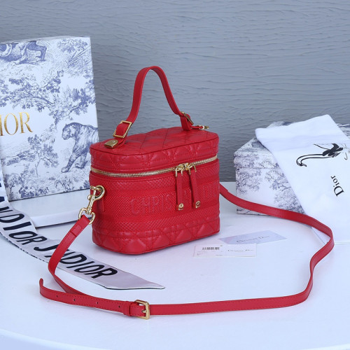 Dior Womens Bags Crossbody Bag SMALL DIORTRAVEL VANITY CASE Poppy Red Cannage Lambskin
