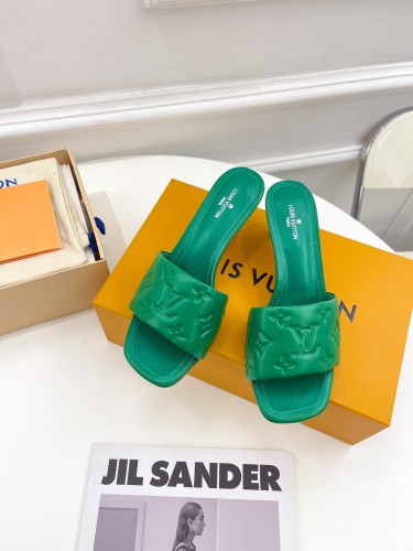 Louis Vuitton Womens Shoes Sandals Slippers Luxury Brand REVIVAL MULE 1A9OXY Green Monogram-embossed lambskin with Original Box 5.5cm Heel