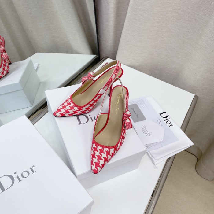 Dior Women Shoes Pumps Luxury Design Fashion Type High Heel Shoes for Wedding Style J'ADIOR SLINGBACK PUMP Peony Pink Cotton Embroidery with Micro Houndstooth Motif with Original Box KCP866PPE_S55P