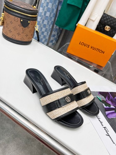 Louis Vuitton Womens Shoes Slide Slippers Luxury Brand Designer LOCK IT MULE 1AA17M Black Raffia and calf leather with Original Box 3.5cm Heel