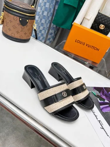 Louis Vuitton Womens Shoes Slide Slippers Luxury Brand Designer LOCK IT MULE 1AA17M Black Raffia and calf leather with Original Box 3.5cm Heel
