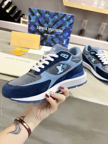 Louis Vuitton Men Shoes Sports RUN AWAY SNEAKER Running Design Luxury Brand with Original Box Blue Mesh and suede calf leather 1A9J0M