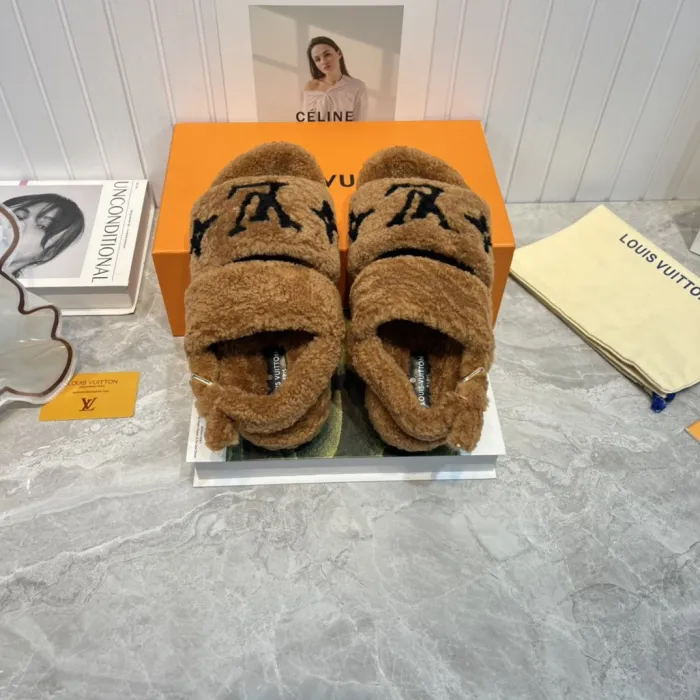 Louis Vuitton Womens Shoes Slide Slippers for Winter Wool Fabric Luxury Brand Designer PASEO FLAT COMFORT MULE with Original Box