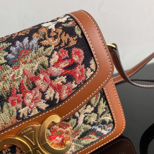 Celine Womens Bag TEEN TRIOMPHE BAG IN FLORAL JACQUARD AND CALFSKIN