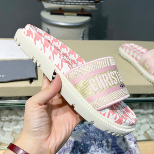 Dior Women Shoes Slippers DWAY SLIDE Luxury Brand DWAY SLIDE Peony Pink Embroidered Cotton with Micro Houndstooth Motif with Original Box KCQ550PPE_S55P