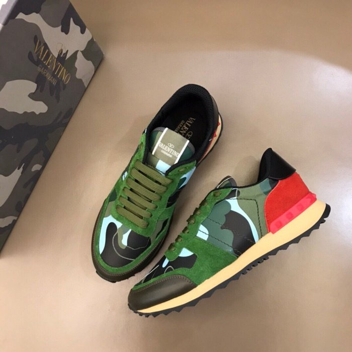 Valentino Men Shoes Fashion Design Luxury Brand ROCKRUNNER CAMOUFLAGE LAMINATED STUDDED SNEAKER with Original Box