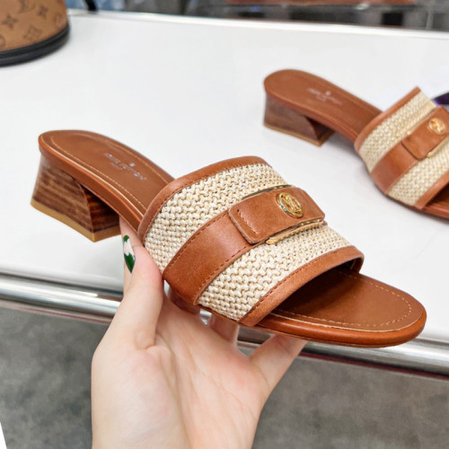 Louis Vuitton Womens Shoes Slide Slippers Luxury Brand Designer LOCK IT MULE 1AA18G Cognac Brown Raffia and calf leather with Original Box 3.5cm Heel