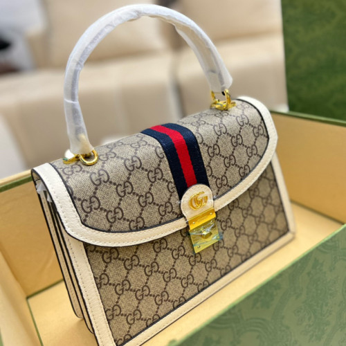 Gucci Womens Bags Shoulder Messenger Bag Luxury Brand Gucci Ophidia small top handle bag in beige GG supreme canvas with Original Box 651055 UULAG 9682
