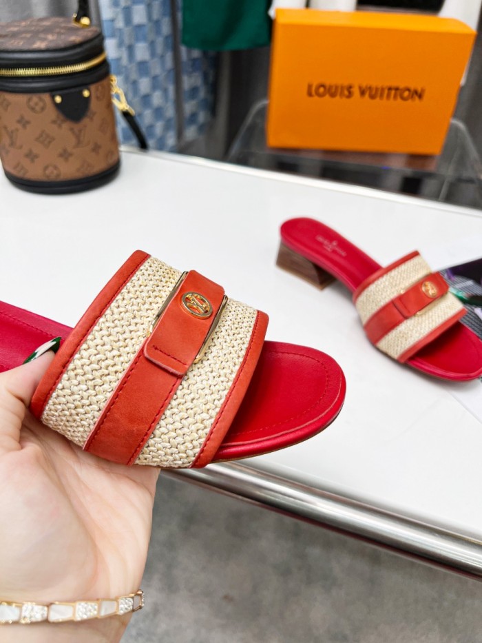 Louis Vuitton Womens Shoes Slide Slippers Luxury Brand Designer LOCK IT MULE 1AA17M Raffia and calf leather with Original Box 3.5cm Heel