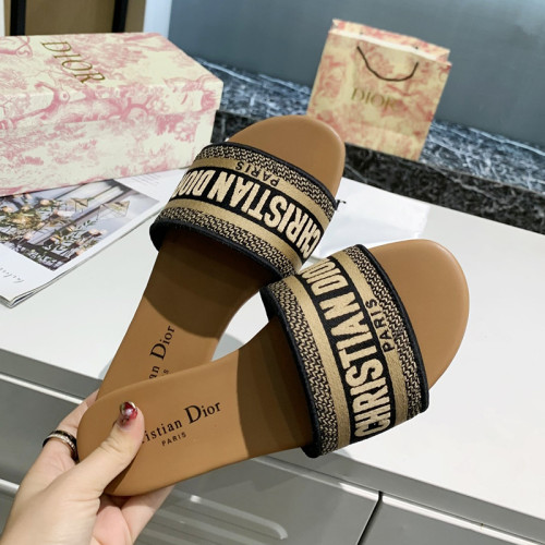 Dior Womens Shoes DWAY SLIDE Black and Beige Embroidered Cotton Luxury Brand Women Slippers Summer KCQ166ERC_S47X with Original Box