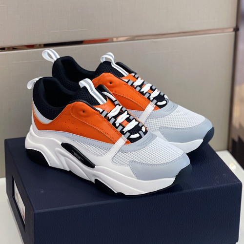 Dior Mens Shoes Sneakers Luxury Brand Breathable Design B22 SNEAKER Black and White Technical Mesh with Orange and White Smooth Calfskin