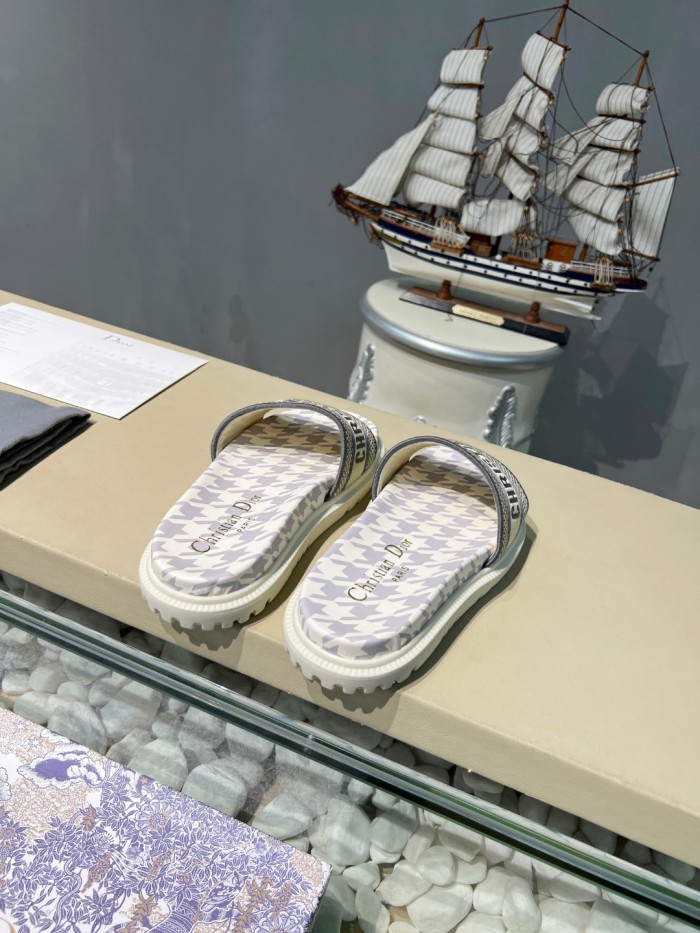 Dior Women Shoes Slippers DWAY SLIDE Luxury Brand DWAY SLIDE Cotton Embroidery with Micro Houndstooth with Original Box KCQ550PPE_S19O