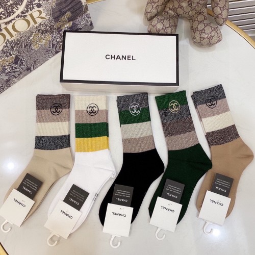 Chanel Socks 5 Pairs with Original Box Luxury Brand Breathable Chanel Sock