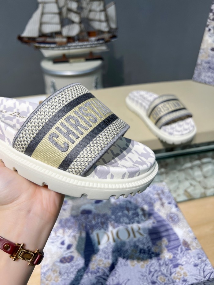 Dior Women Shoes Slippers DWAY SLIDE Luxury Brand DWAY SLIDE Cotton Embroidery with Micro Houndstooth with Original Box KCQ550PPE_S19O