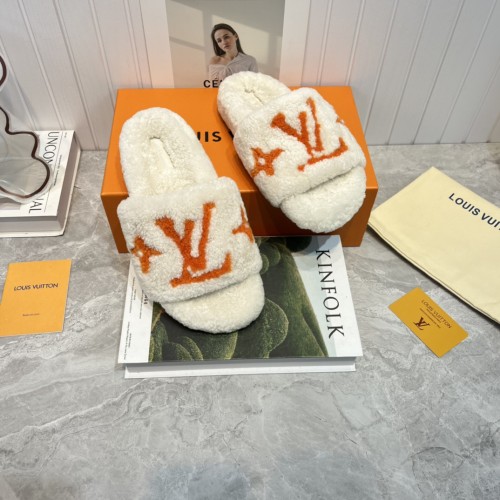 Louis Vuitton Womens Shoes Slide Slippers for Winter Wool Fabric Luxury Brand Designer PASEO FLAT COMFORT MULE with Original Box