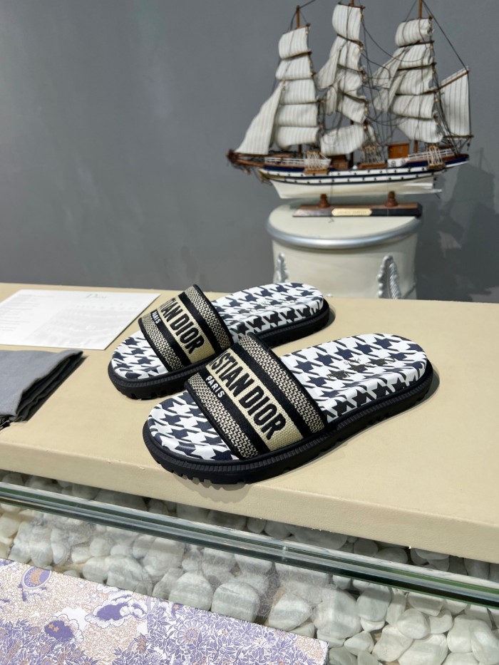 Dior Women Shoes Slippers DWAY SLIDE Luxury Brand DWAY SLIDE Cotton Embroidery with Micro Houndstooth with Original Box KCQ550PPE_S19O
