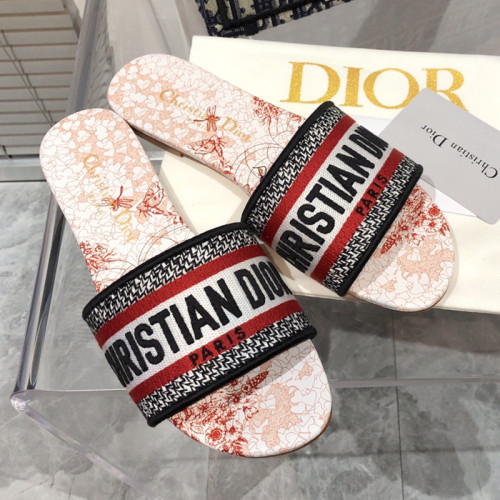 Dior Women Shoes DWAY HEELED SLIDE Embroidered Cotton Luxury Brand Womens Sandals Slippers with Original Box KCQ244ERC_S56B