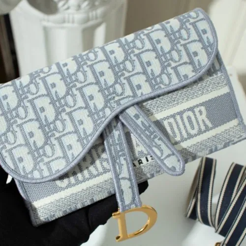 Dior Womens Bags SADDLE SLIM POUCH Gray Dior Oblique Embroidery S5647CRIW_M932 with Original Box