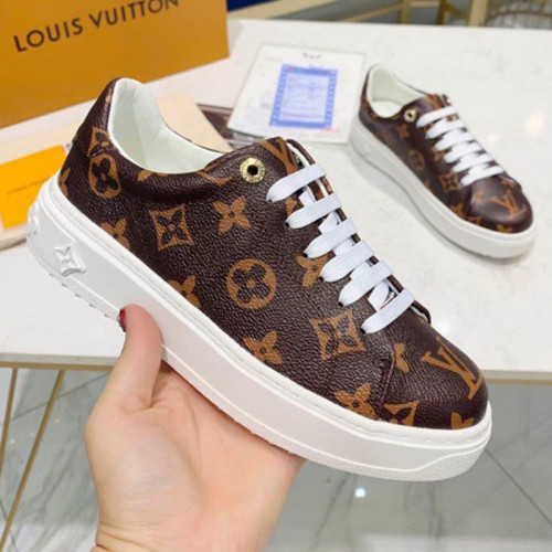 Louis Vuitton Women Shoes Sneakers Lace-Up Luxury Brand Fashion TIME OUT SNEAKER Cacao Brown Patent Monogram canvas with Original Box 1A8FJQ