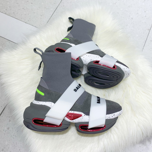 Balmain Women Shoes Sneakers Luxury Brand Gray high-top suede and knit BBold sneakers with strap TN0C501TKSE9AA