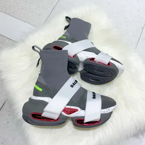 Balmain Women Shoes Sneakers Luxury Brand Gray high-top suede and knit BBold sneakers with strap TN0C501TKSE9AA