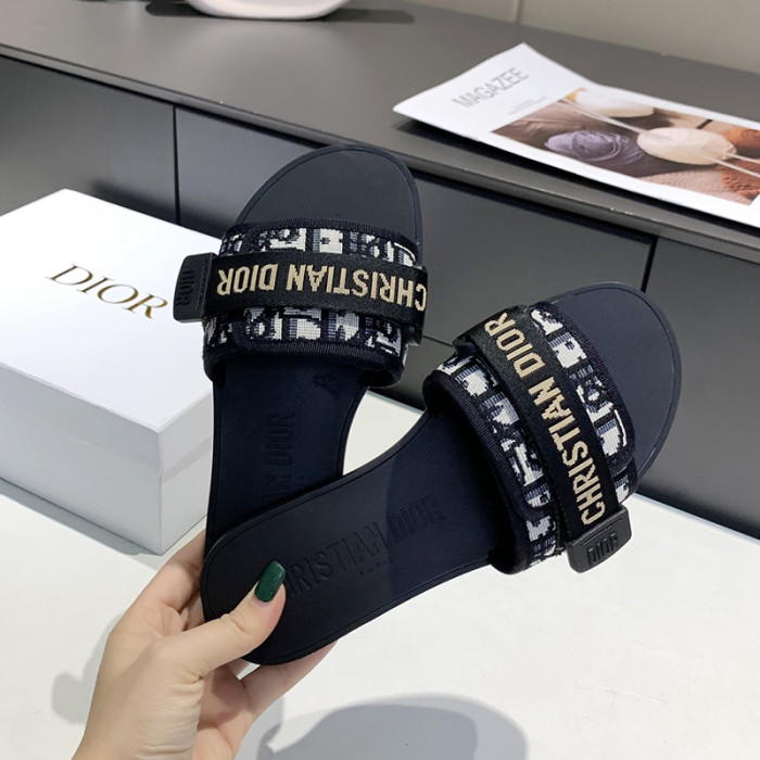 Dior Womens Shoes Sandals Slippers Slide Luxury Brand DIO(R)EVOLUTION SLIDE Shiny Technical Fabric with Dior Oblique Print with Original Box