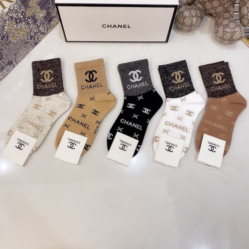 Chanel Socks 5 Pairs with Original Box Luxury Brand Breathable Chanel Sock